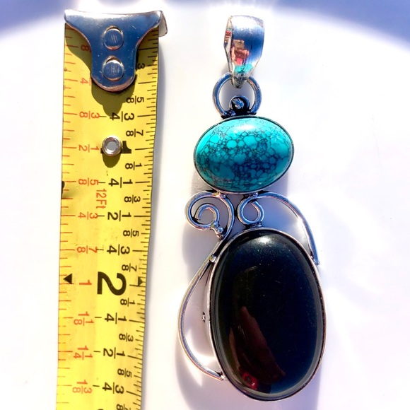 Sterling Silver Oval Turquoise And Onyx Pendant - Picture 5 of 5